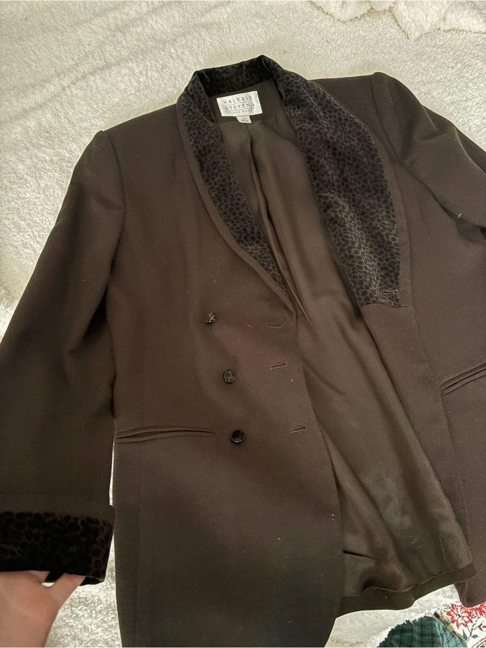 Valerie Stevens Black Double-Breasted Blazer with Velvet animal print Trim